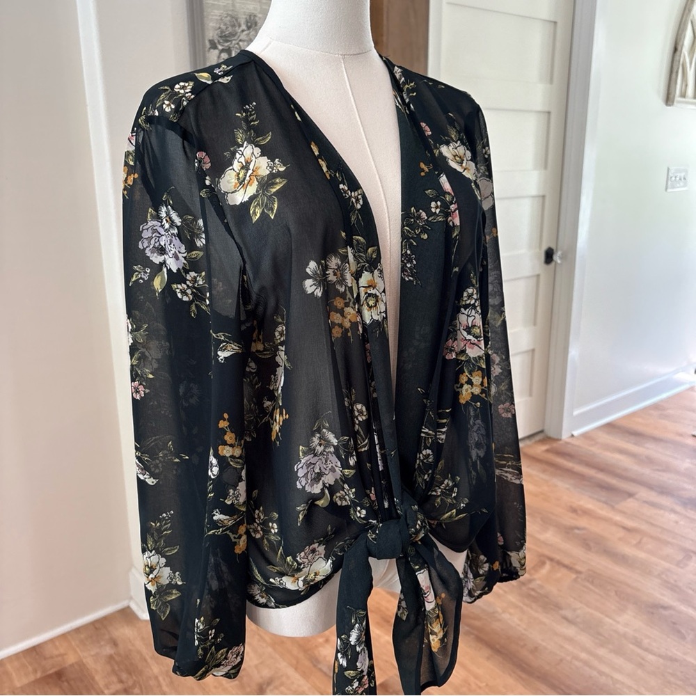 Xhilaration Black Floral Tie-Front Sheer Blouse